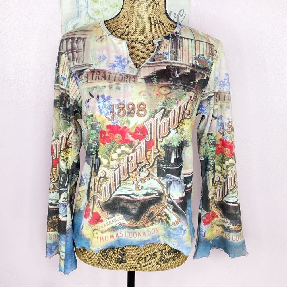 Y2K Boho One World Velour Victorian Vintage Village Print Bell Sleeve Shirt PM